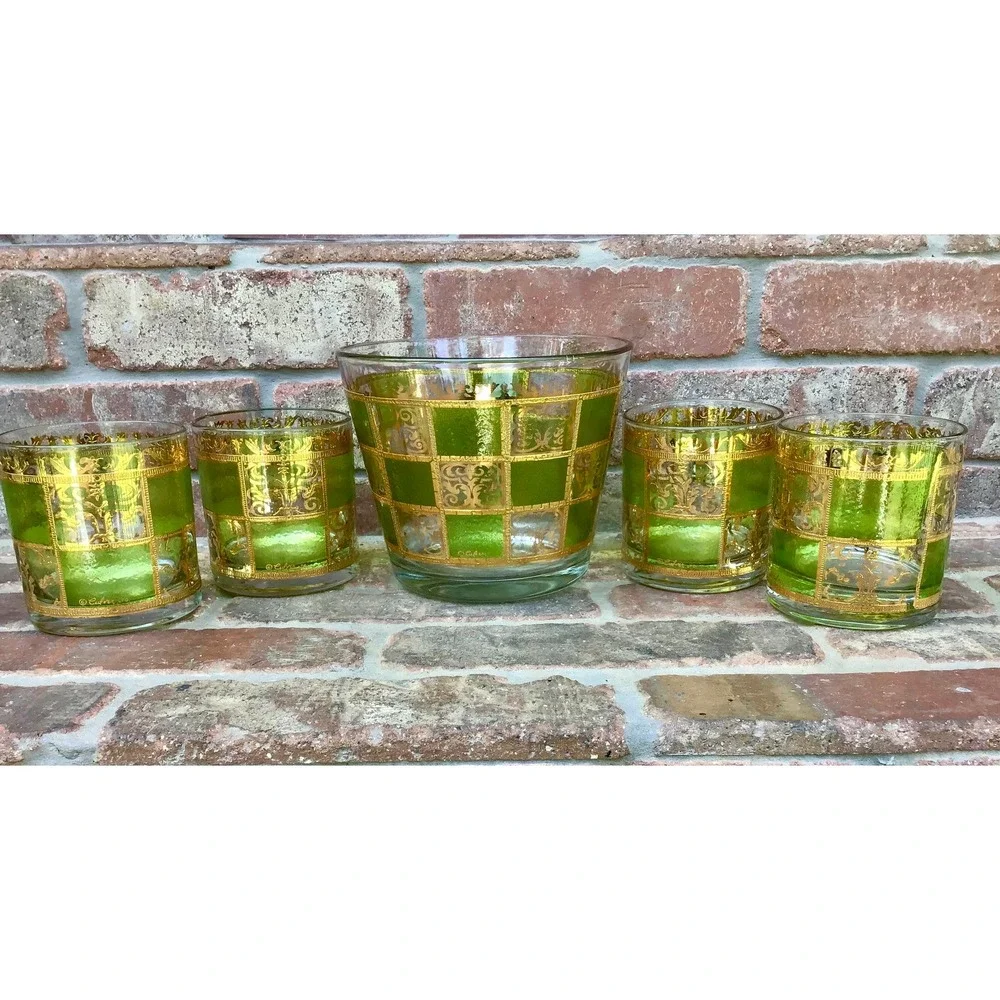 Vtg 60s Culver Prado Green & Gold 22 k Lowball Glasses (4) and Ice Bucket Set